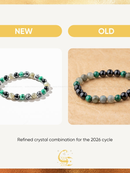 Two beaded bracelets labeled 'NEW' and 'OLD' on a gold and white background.