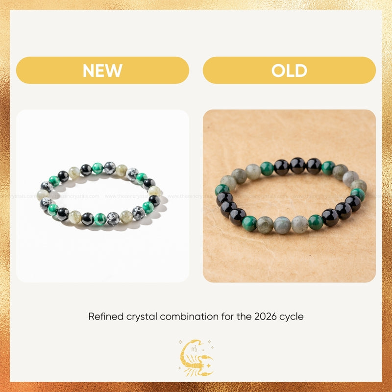 Two beaded bracelets labeled 'NEW' and 'OLD' on a gold and white background.