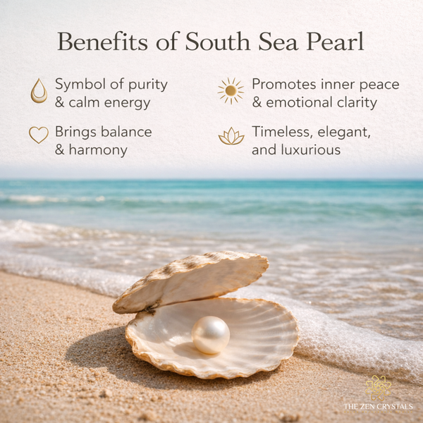 Open shell with a south sea pearl on a beach, featuring text about the benefits of south sea pearls.