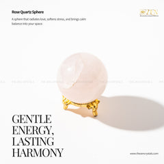 Rose Quartz Sphere with gold base on a white background, featuring text about its properties and brand 'Zen'.