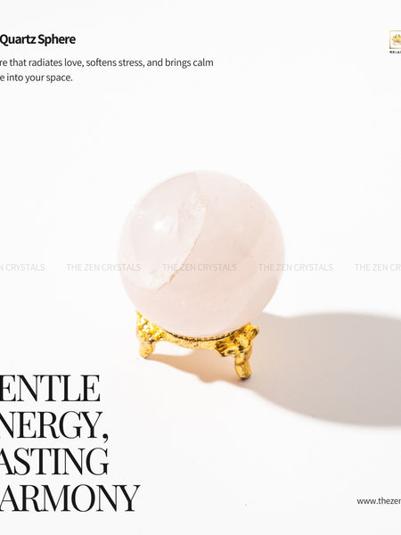 Rose Quartz Sphere with gold base on a white background, featuring text about its properties and brand 'Zen'.