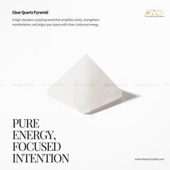 Clear Quartz Pyramid crystal on a white background with text about its properties.