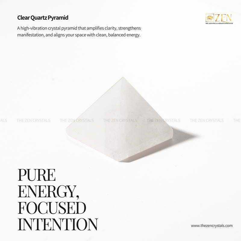 Clear Quartz Pyramid crystal on a white background with text about its properties.