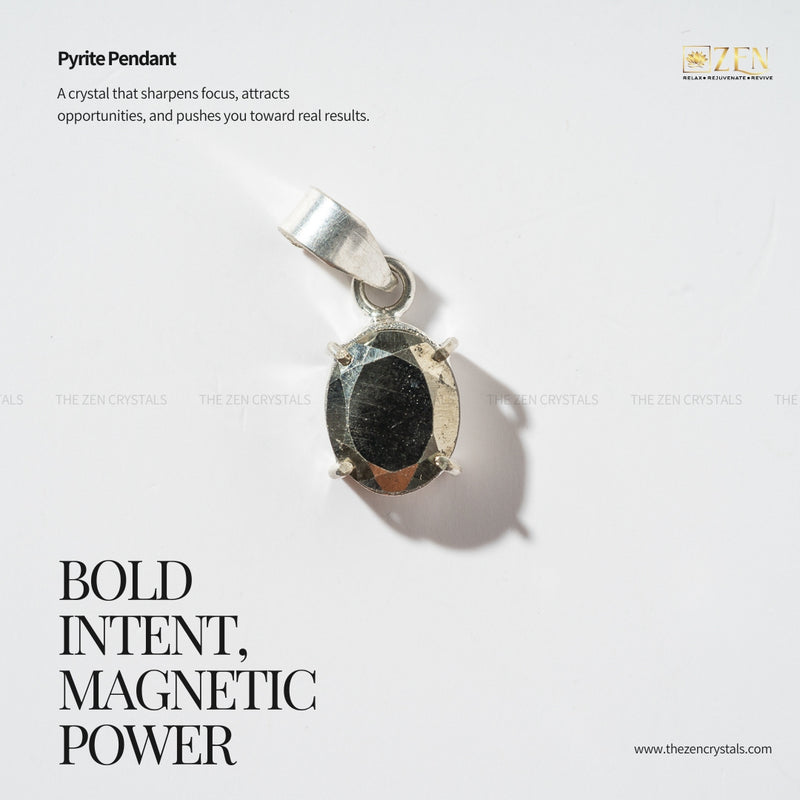 Pyrite pendant with text on a white background