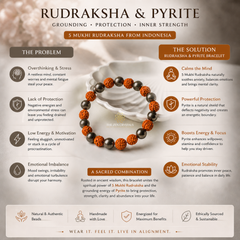 Rudraksha and pyrite bracelet with benefits on a neutral background