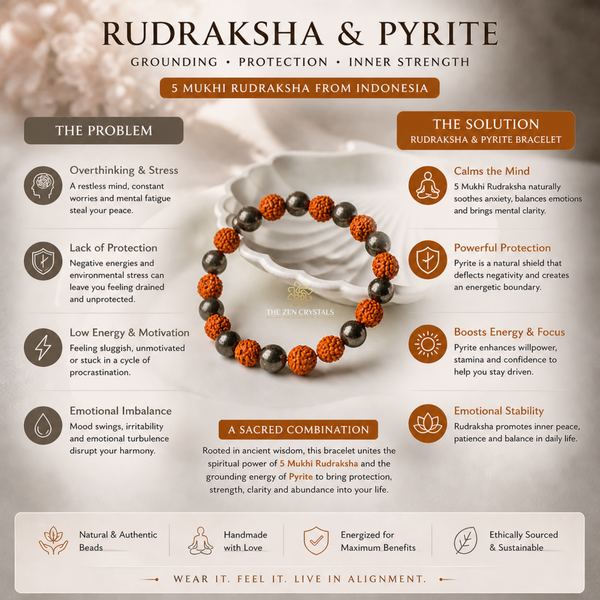 Rudraksha and pyrite bracelet with benefits on a neutral background