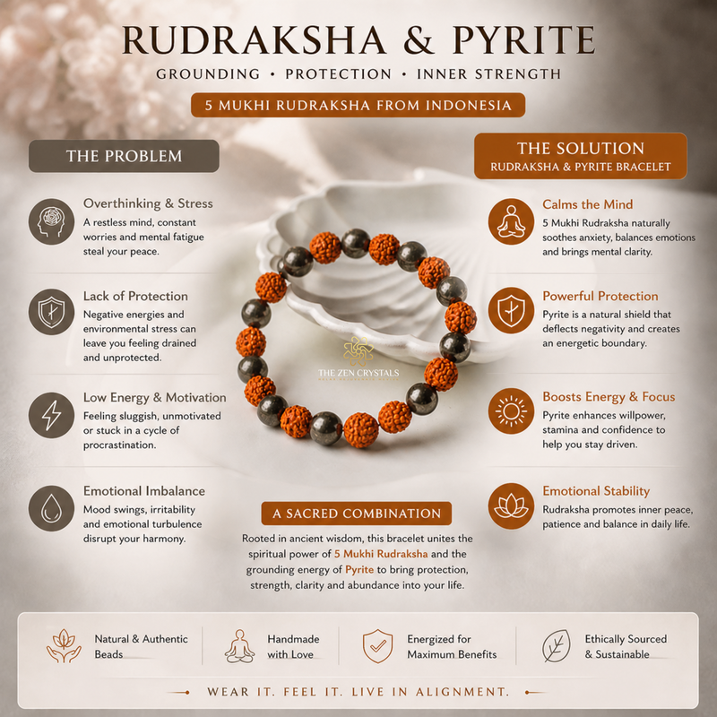 Rudraksha and pyrite bracelet with benefits on a neutral background