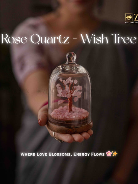 Rose Quartz Wish Tree in a glass dome held by a person, with 'ZEN' branding.