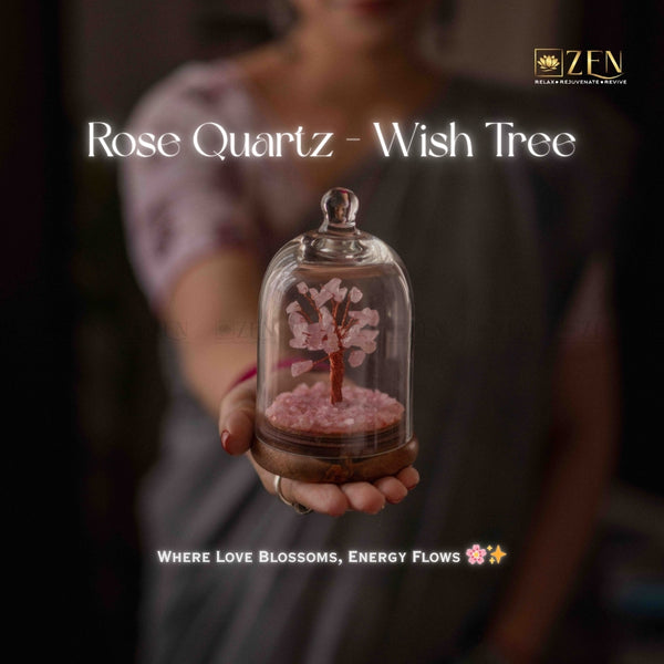 Rose Quartz Wish Tree in a glass dome held by a person, with 'ZEN' branding.
