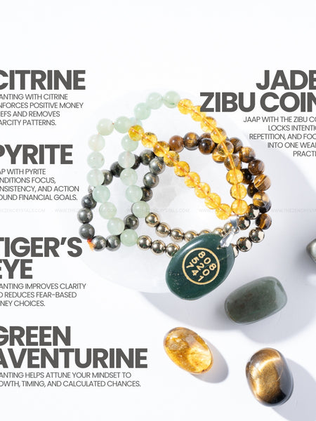 Close-up of money magnet mala beads featuring Pyrite, Citrine and Tiger’s Eye crystals