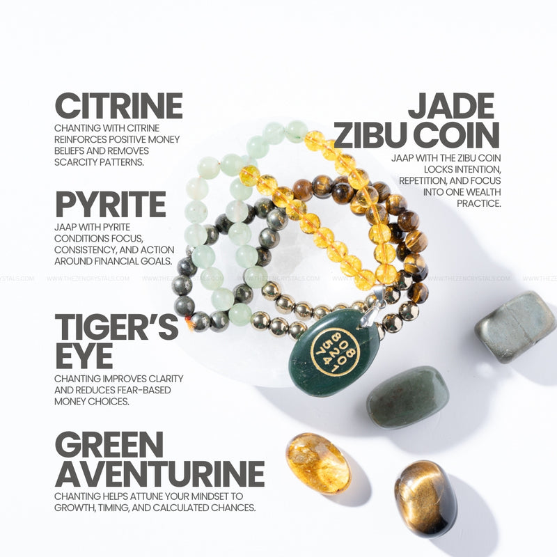 Close-up of money magnet mala beads featuring Pyrite, Citrine and Tiger’s Eye crystals