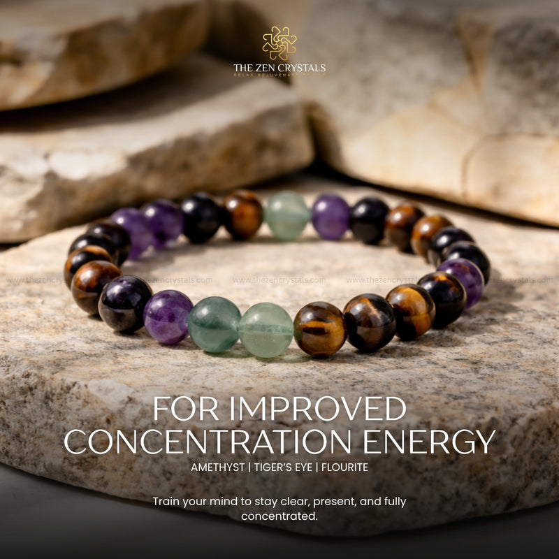 improved concentration energy bracelet on a stone surface with text about improved concentration energy.