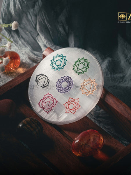 Selenite Plate with 7 Chakra Symbol | The Zen Crystals