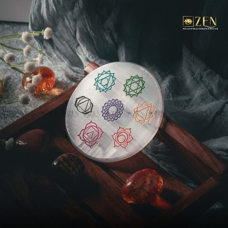 Selenite Plate with 7 Chakra Symbol | The Zen Crystals