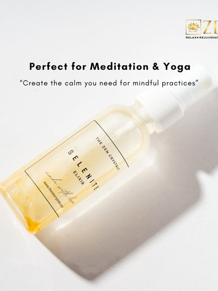 Bottle of Selenite Elixir with 'Zen' branding and text about meditation and yoga on a white background.