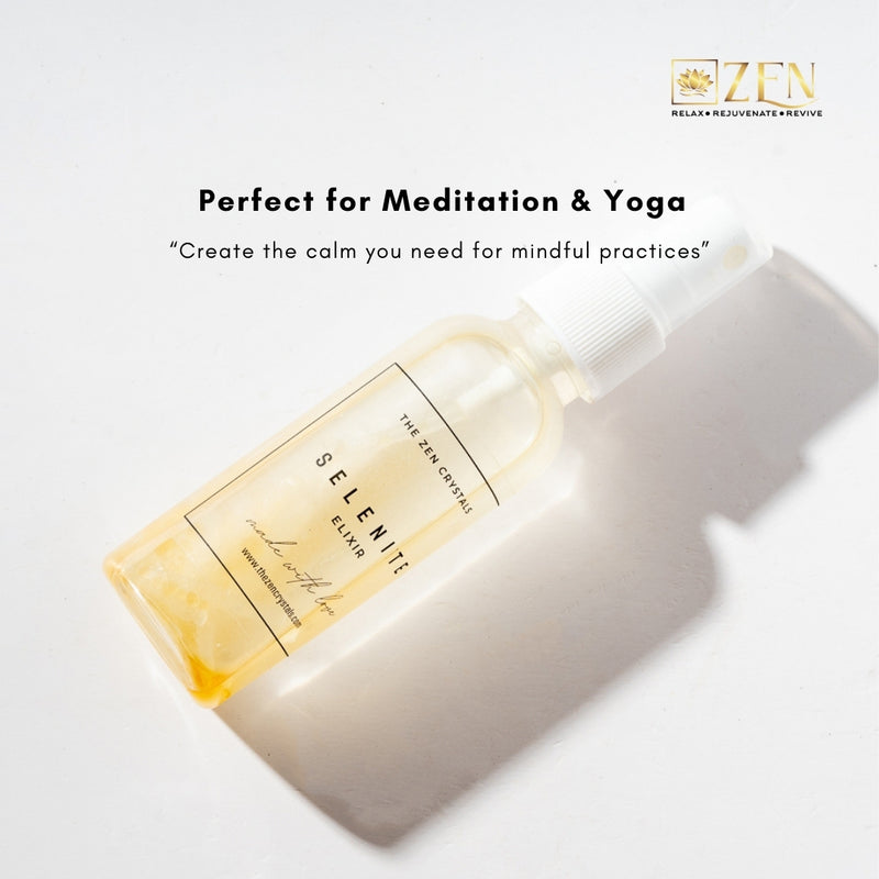 Bottle of Selenite Elixir with 'Zen' branding and text about meditation and yoga on a white background.