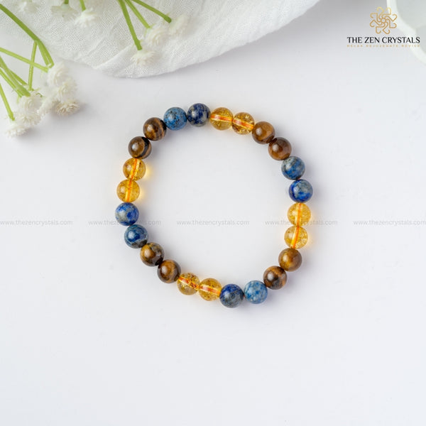 Confidence Energy Bracelet with multicolored beads on a white background, branded 'The Zen Crystals'.