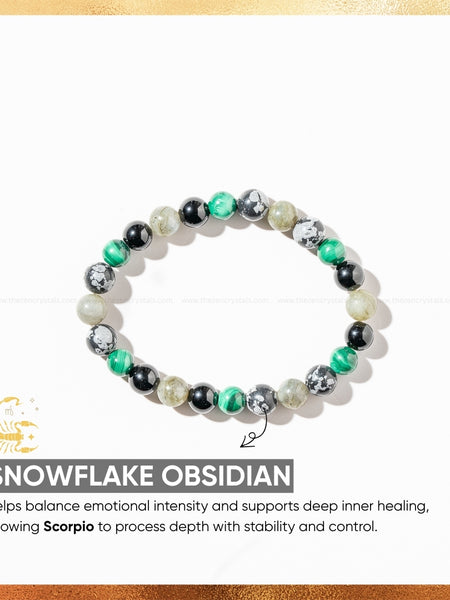 scorpio zodiac bracelet with Snowflake Obsidian bracelet with healing properties on a white background