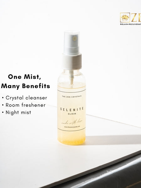 Spray bottle labeled 'Selenite Elixir' on a white surface with 'Zen' branding.