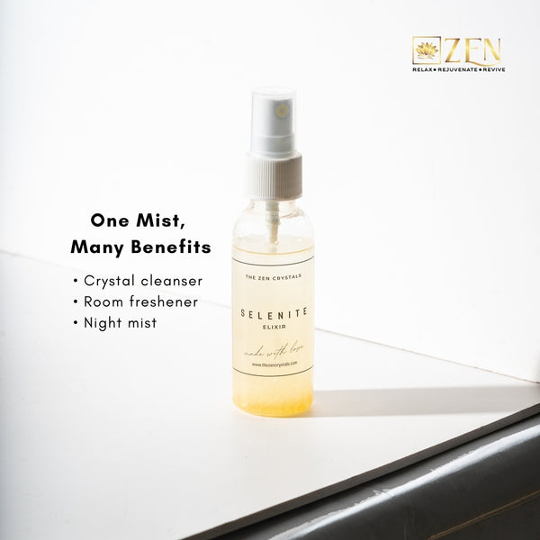 Spray bottle labeled 'Selenite Elixir' on a white surface with 'Zen' branding.