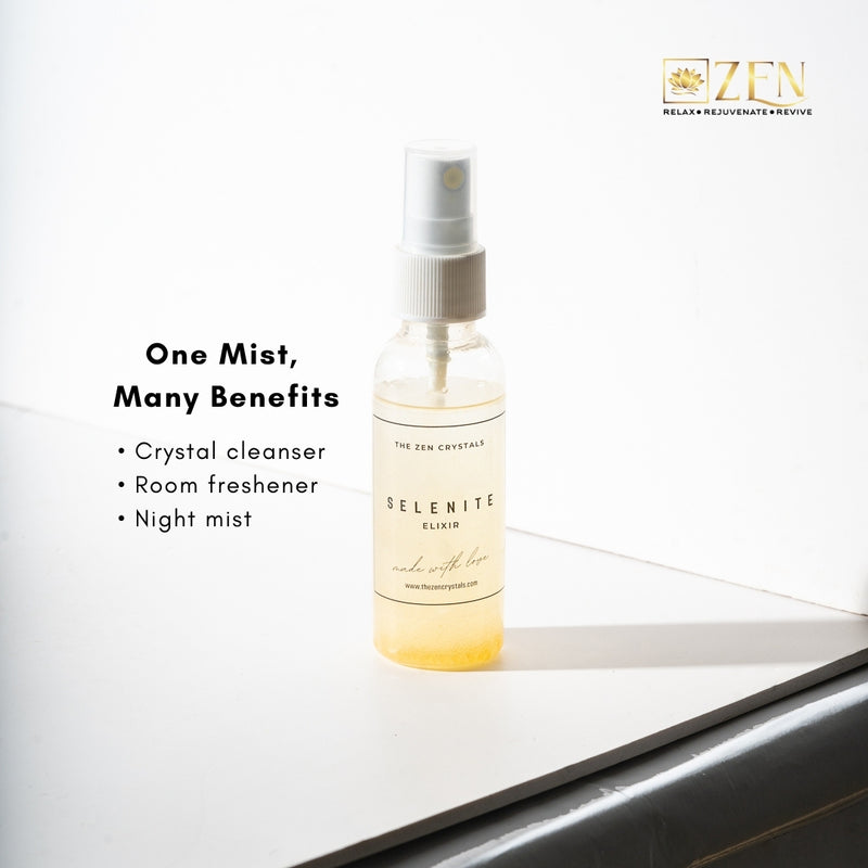 Spray bottle labeled 'Selenite Elixir' on a white surface with 'Zen' branding.
