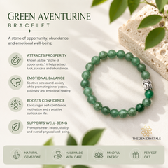 Green aventurine bracelet with benefits listed on a light background