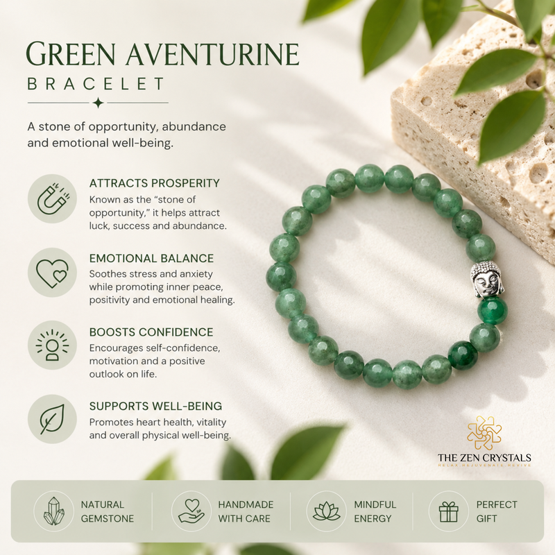 Green aventurine bracelet with benefits listed on a light background