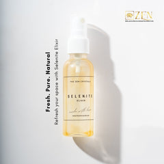 Bottle of The Zen Crystals Selenite Elixir on a white background with 'Zen' logo.