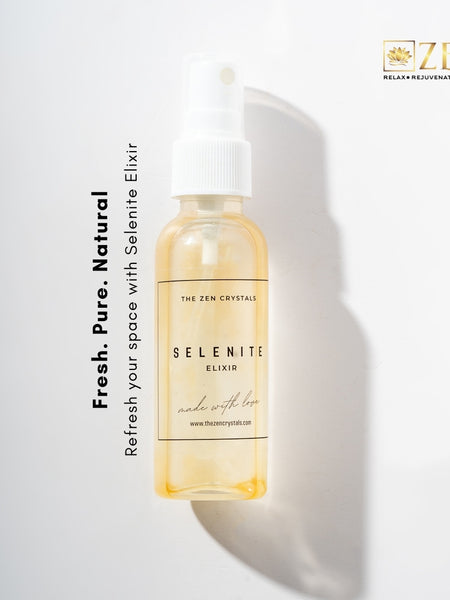 Bottle of The Zen Crystals Selenite Elixir on a white background with 'Zen' logo.