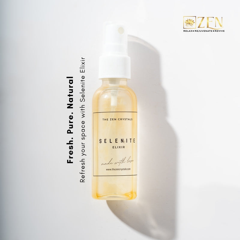 Bottle of The Zen Crystals Selenite Elixir on a white background with 'Zen' logo.