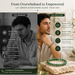 Advertisement for a green aventurine bracelet with benefits on a white background