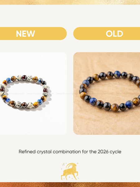 Two beaded bracelets labeled 'NEW' and 'OLD' on a gold and white background.