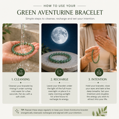 Instructions on how to use a green aventurine bracelet for cleansing, recharging, and setting intention.