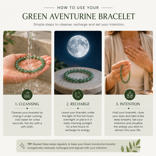 Instructions on how to use a green aventurine bracelet for cleansing, recharging, and setting intention.