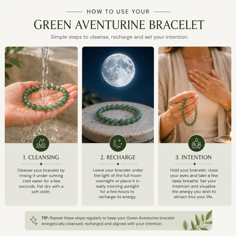 Instructions on how to use a green aventurine bracelet for cleansing, recharging, and setting intention.