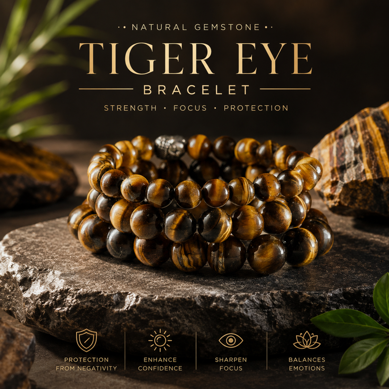 Tiger eye bracelet on a stone surface with gemstones and leaves in the background.