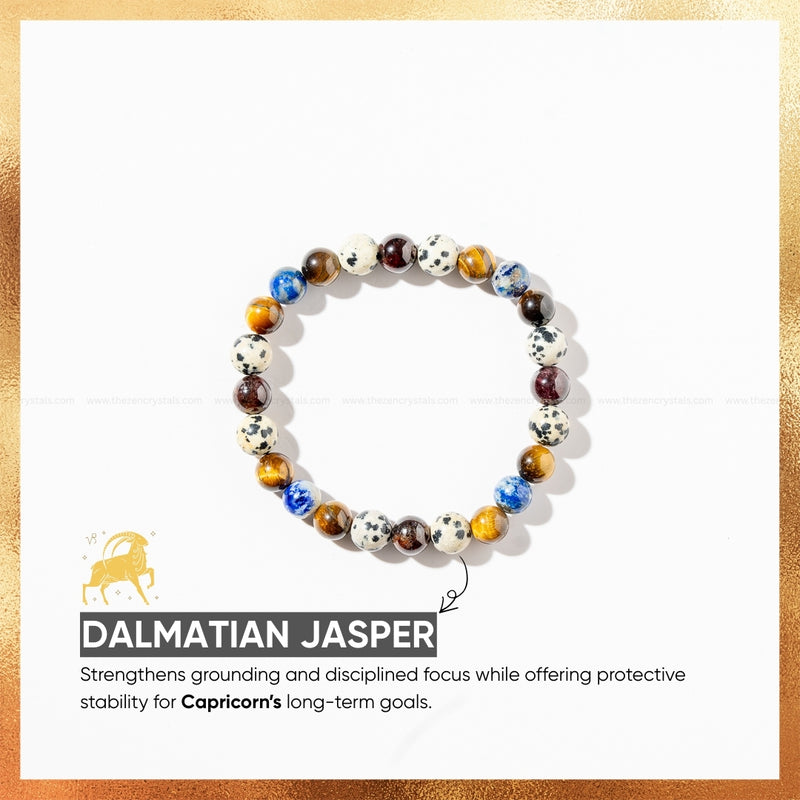 capricorn zodiac bracelet with Dalmatian Jasper stones on a white background with gold border