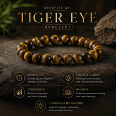 Tiger eye bracelet with benefits listed on a dark background