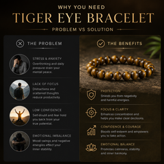 Tiger eye bracelet with problem and solution list on a dark background