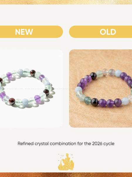 Two beaded bracelets labeled 'NEW' and 'OLD' on a gold and white background.