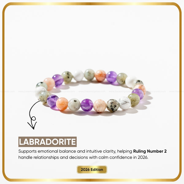 Ruling Number (मूलांक) 2 Bracelet 2026 with Labradorite properties on a light background