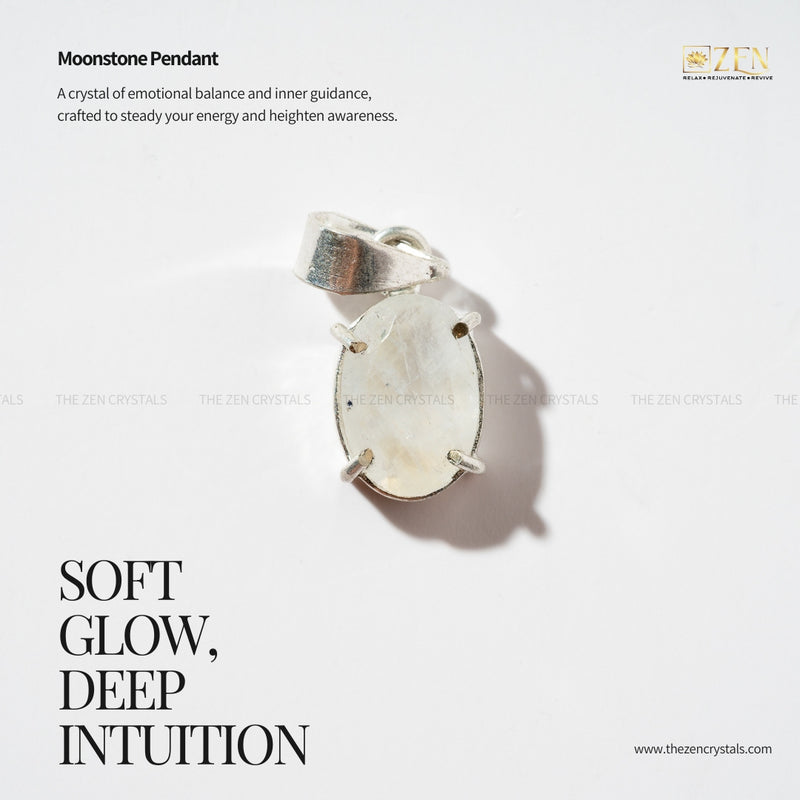 Moonstone pendant with silver setting on a white background, featuring text about its properties.
