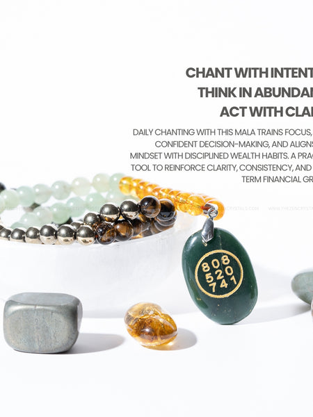 Money magnet mala with jade Zibu coin engraved with Zibu symbol and angel numbers 808 520 741