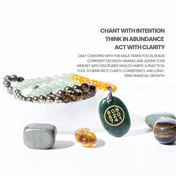 Money magnet mala with jade Zibu coin engraved with Zibu symbol and angel numbers 808 520 741