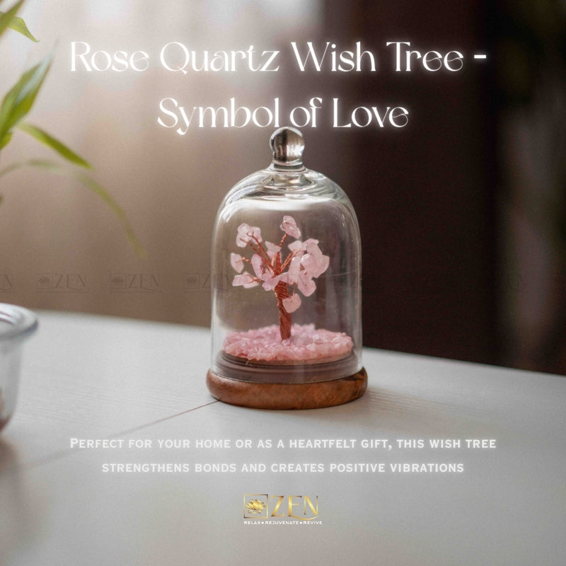 Rose Quartz Wish Tree in a glass dome on a table with text about its symbolism and uses.