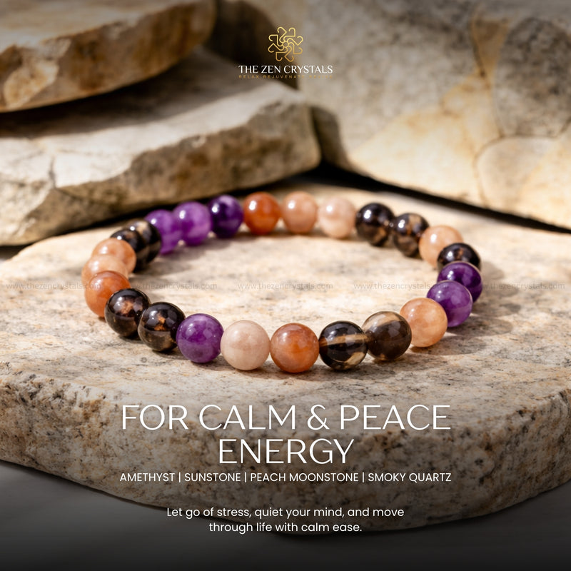 calm & peace energy bracelet on a stone surface, featuring text about energy and wellness.