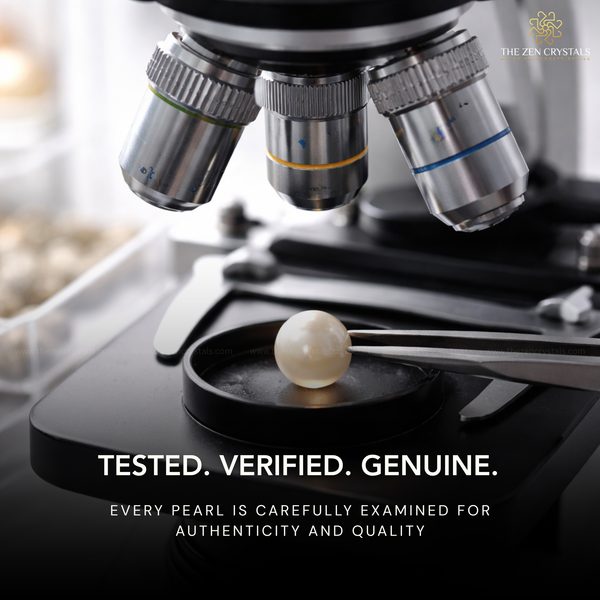 Microscope examining a south sea pearl with text about authenticity and quality.