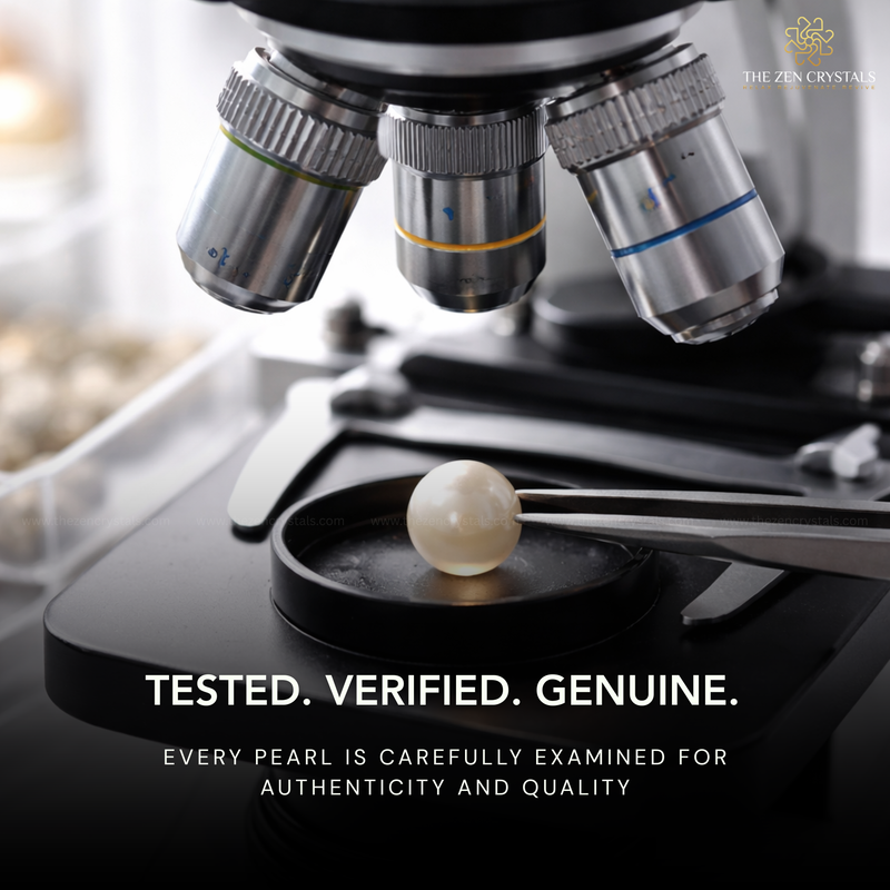 Microscope examining a south sea pearl with text about authenticity and quality.