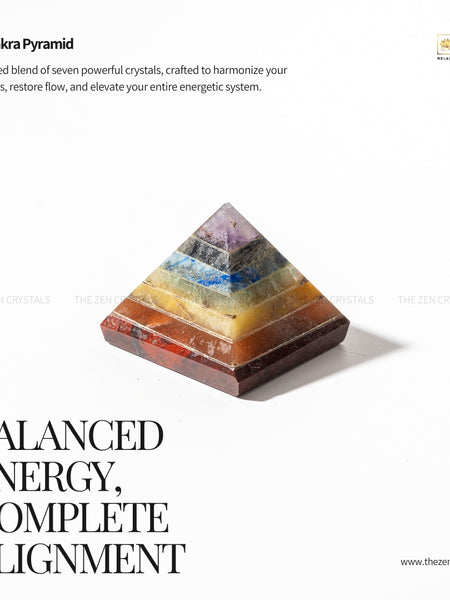 7 Chakra Pyramid crystal with layered colors on a white background, featuring the brand 'ZEN'.