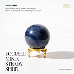 Sodalite sphere crystal on a stand with promotional text and branding.